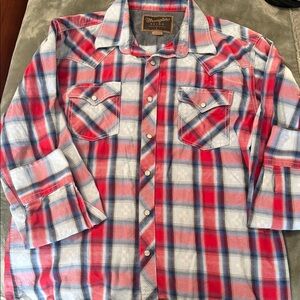 Wrangler Mens Button Down Shirt - Red and Blue Plaid